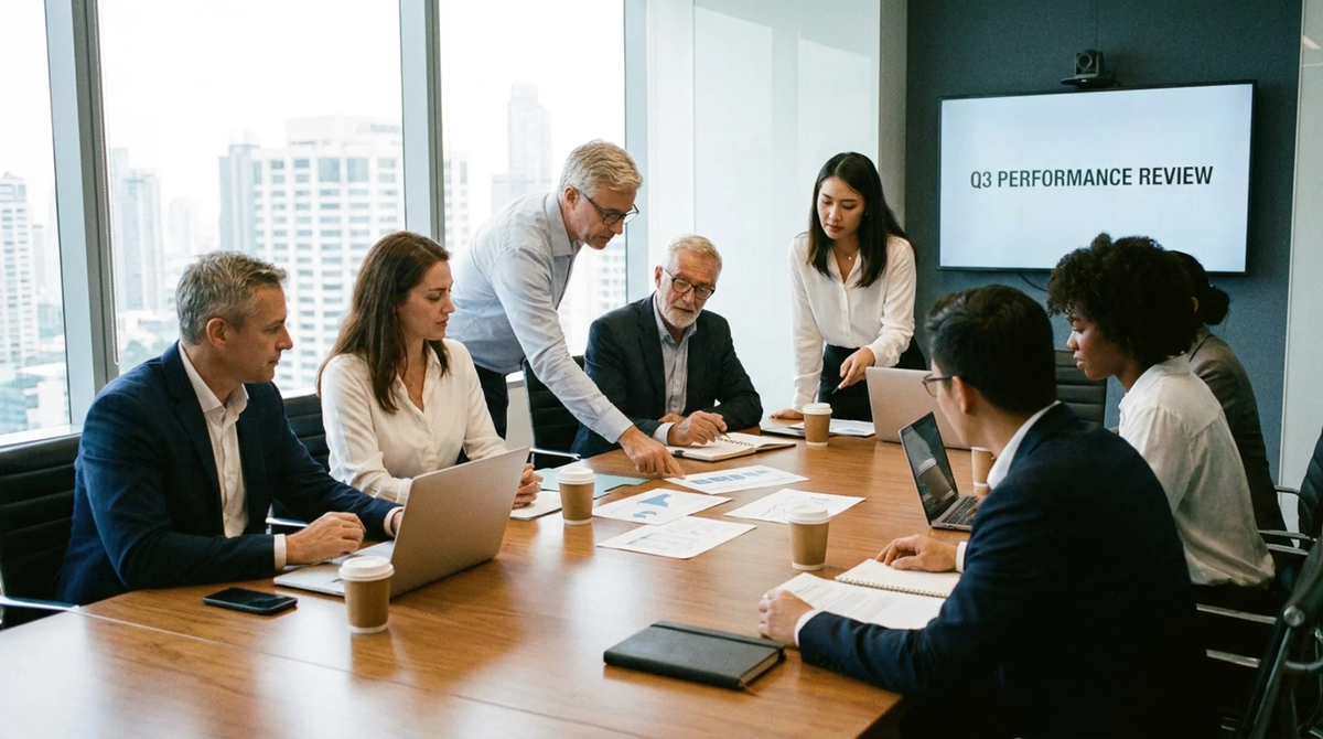 Group of people in a conference room reviewing Q3 performance with digital displays.